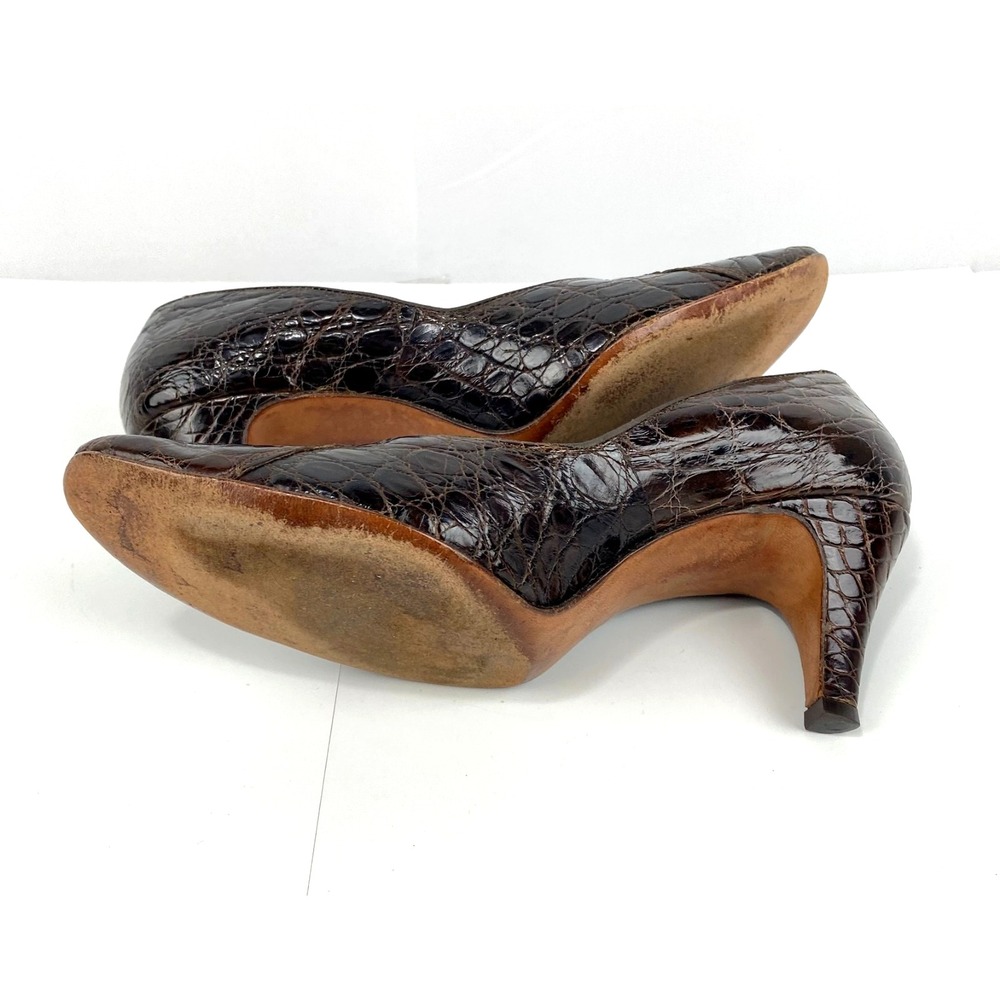 Luxury Leather Pumps Women's 6.5 Brown Croc Embossed All Leather Kitten Heels 37 - Picture 9 of 9